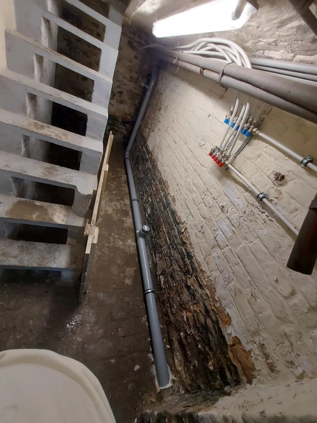Collecteur de distribution à vannes et évacuation neuve, dans une cave.